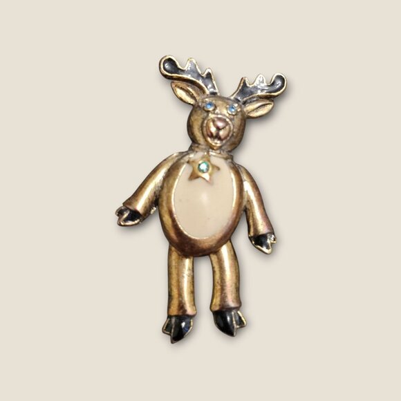 Vintage Reindeer Brooch With Rhinestone Eyes & Belly - Picture 1 of 4